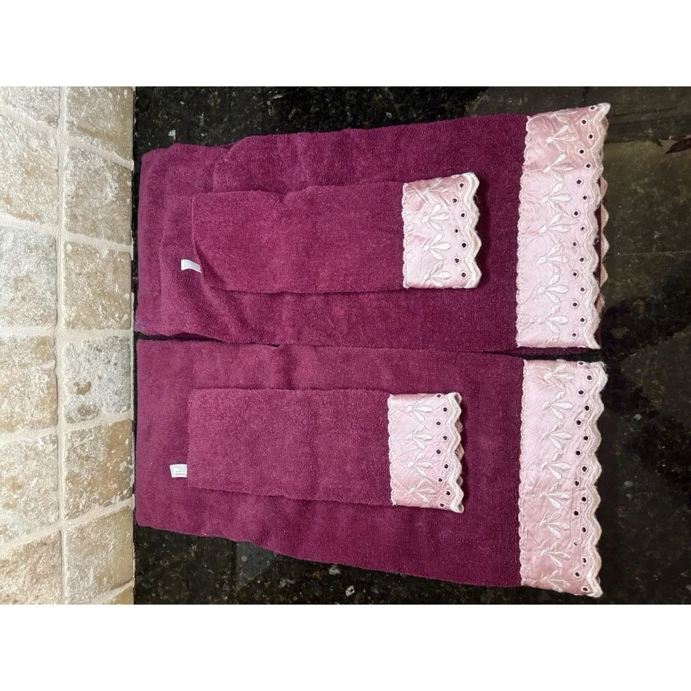 Vintage Cannon Towels Set Burgundy Pink Maroon Satin Lace Trim Bathroom‎ Linens